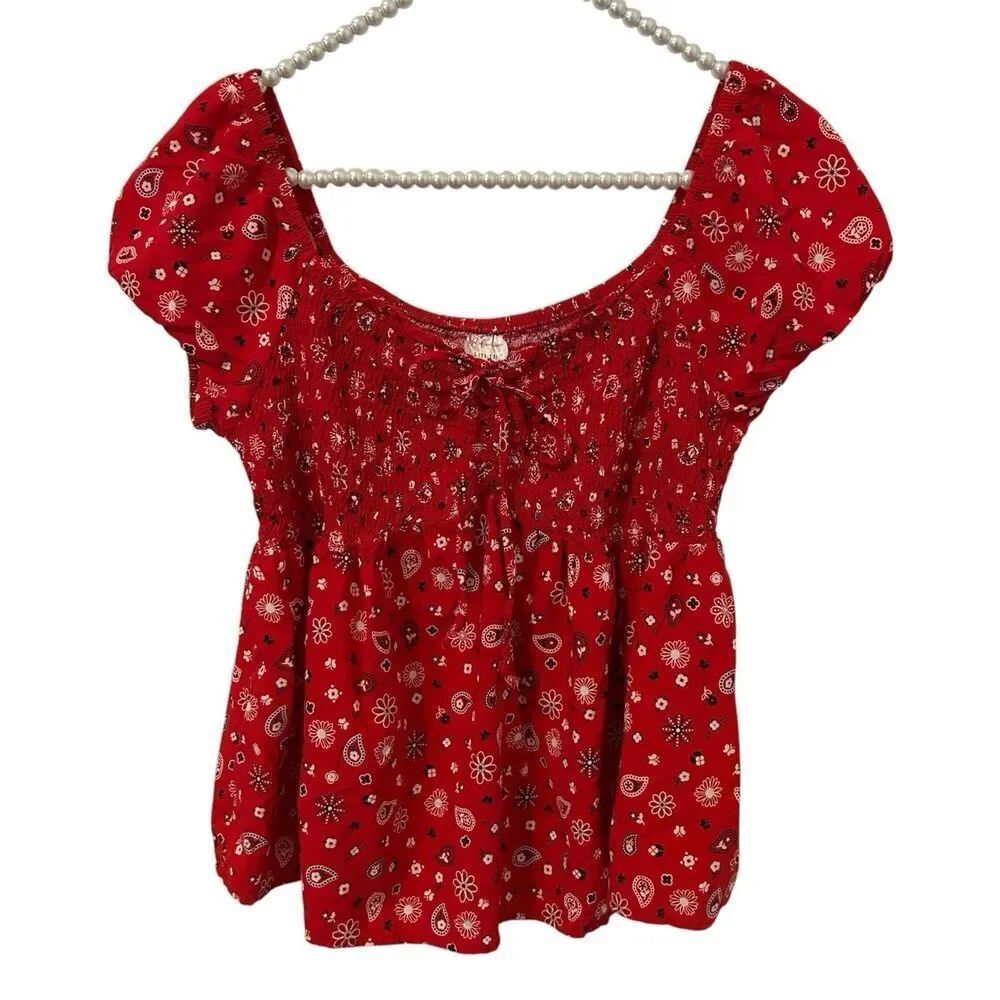 Womens Smocked Fairy Western Top Sz L Red Paisley Cottagecore Coquette Festival